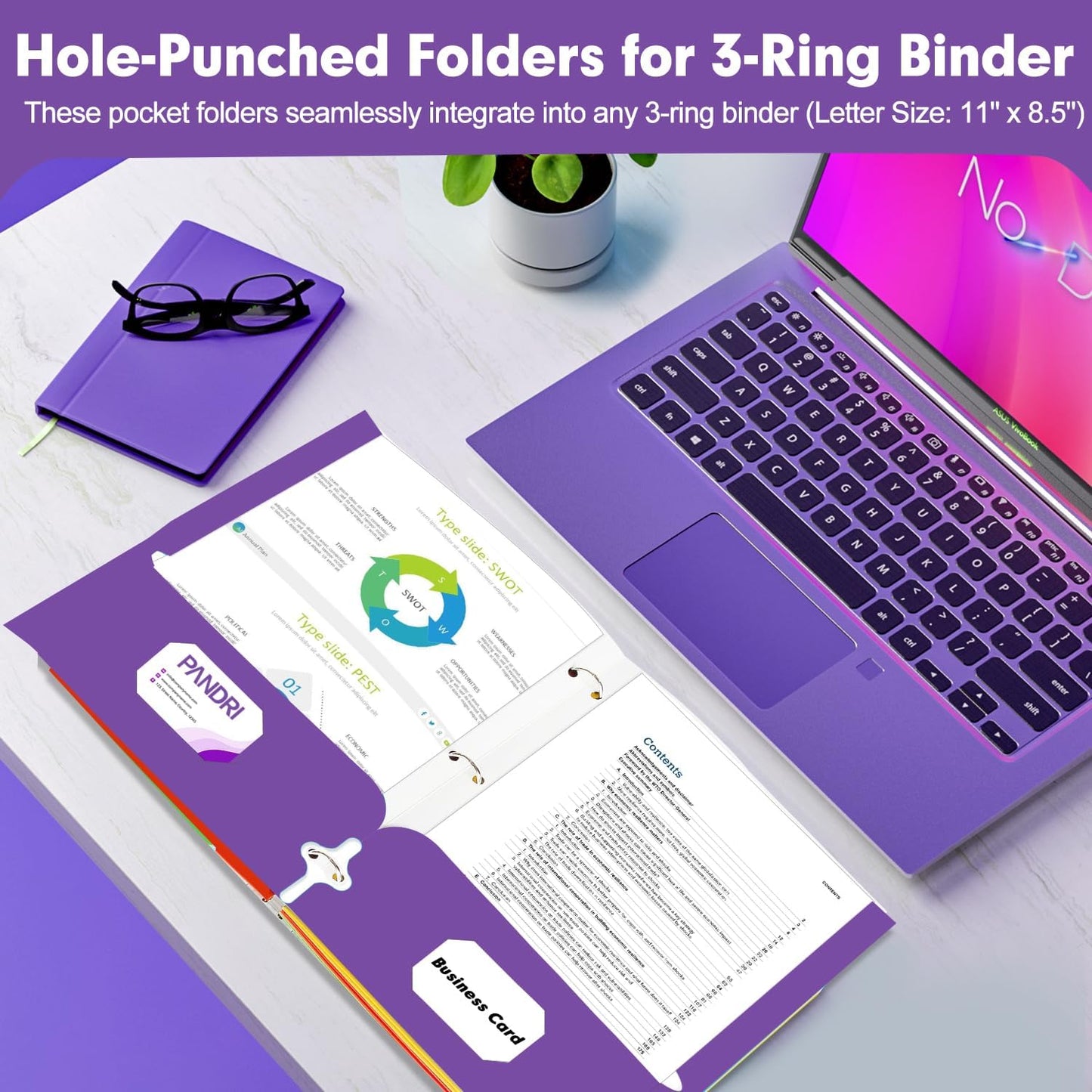 Two Pocket Portfolio Folders, PANDRI 60 Pack 3 Hole Punched 2 Pocket Folders for 3 Ring Binder, Letter Size Paper File Folder for School Office Home Business, Purple