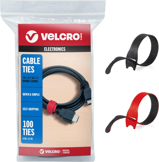 VELCRO Brand Cable Ties, 100Pk - 8 x 1/2" Red and Black, Reusable Alternative to Zip Ties, ONE-WRAP Thin Pre-Cut Cord Organization Straps, Wire Management for Office or Home, VEL-30200-AMS, Black/Red
