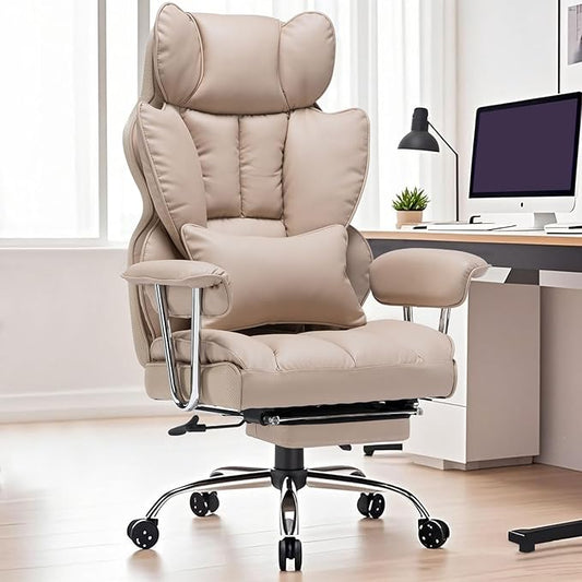 Efomao Big and Tall Office Chair 400lbs – PU Leather Executive Office Chair with Lumbar Support & Leg Rest, Heavy-Duty Computer Chair for Home Office, Dark Beige