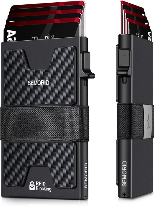 Slim Wallet for Men, Minimalist RFID Blocking Mens Wallet with Pop Up Case, Thin Metal Credit Card Holder with Cash Strap & Expandable Backplate - Holds 12 Cards