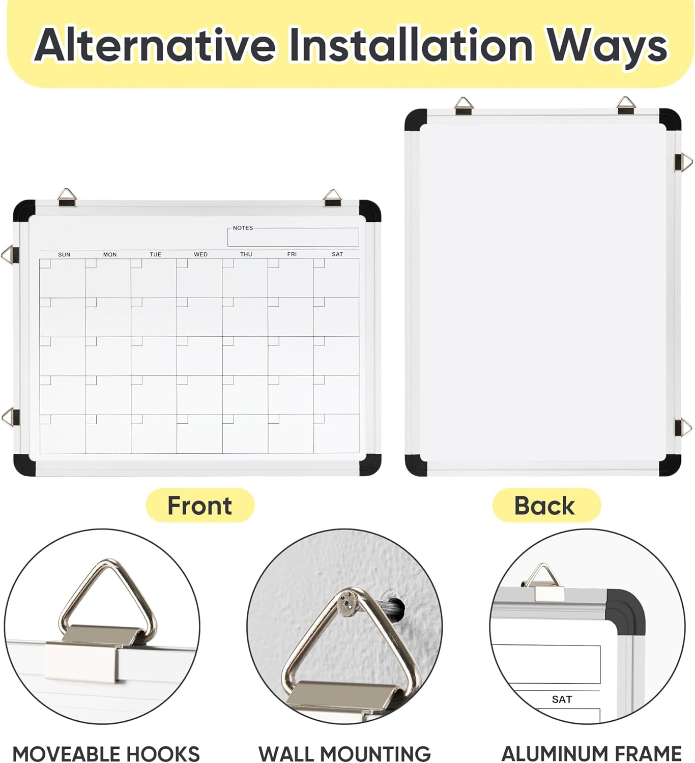 VUSIGN Monthly Dry Erase Calendar Whiteboard for Wall, 16" X 12" Double-Sided Board, Hanging Whiteboard Dry Erase for Office, Desk, Kitchen, Dorm, Silver