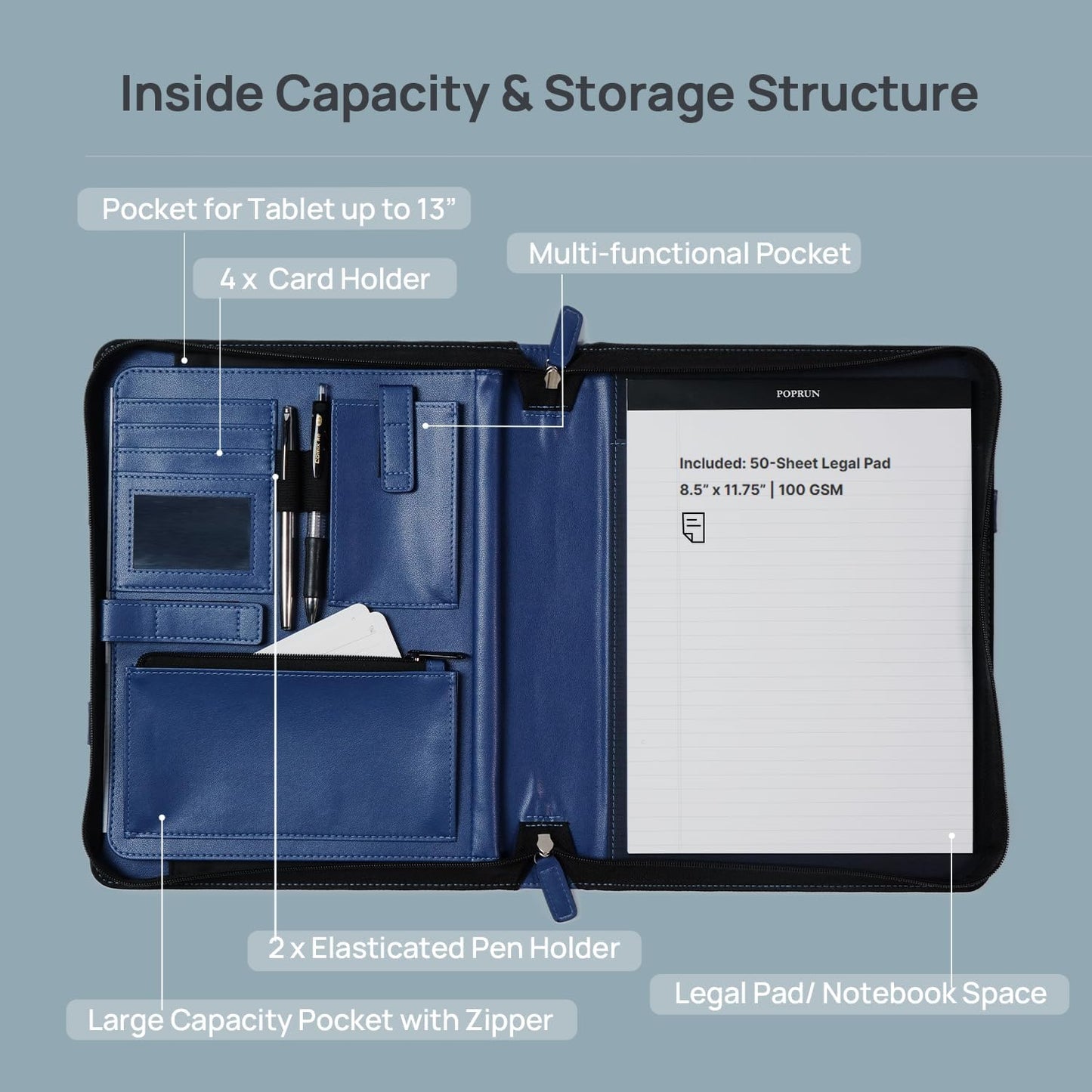 POPRUN Portfolio Binder with Zipper, Leather Padfolio Document Organizer with Storage, Professional Business Briefcase Ideal for Meeting Presentation Work-Includes 50 Sheet Writing Pad, Blue