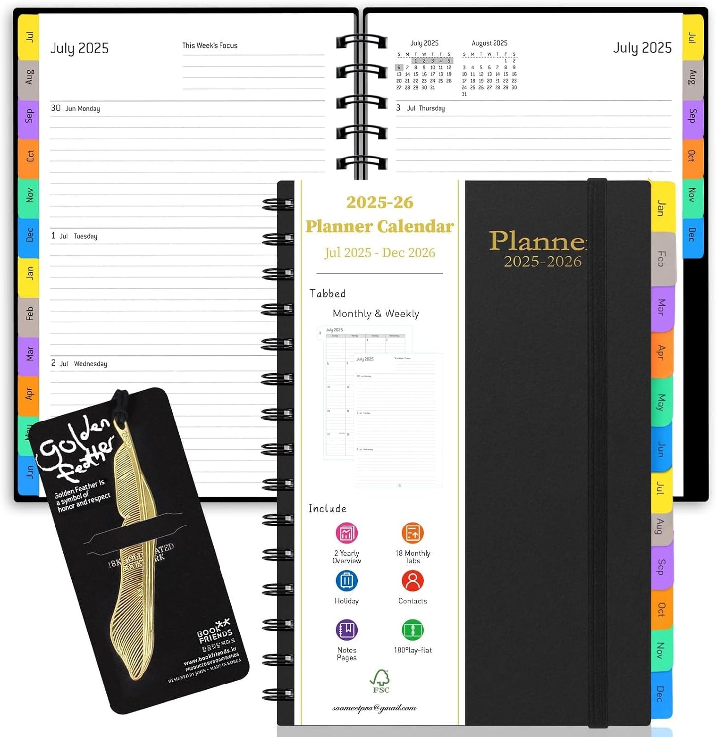 Daily Planner 2025-2026, July 2025 - December 2026, Yearly Monthly Weekly Daily Academic Calendar Planner, 18 Month with Tabs, Time Management Manual, 100GSM Thick Paper, A5 Size, Black