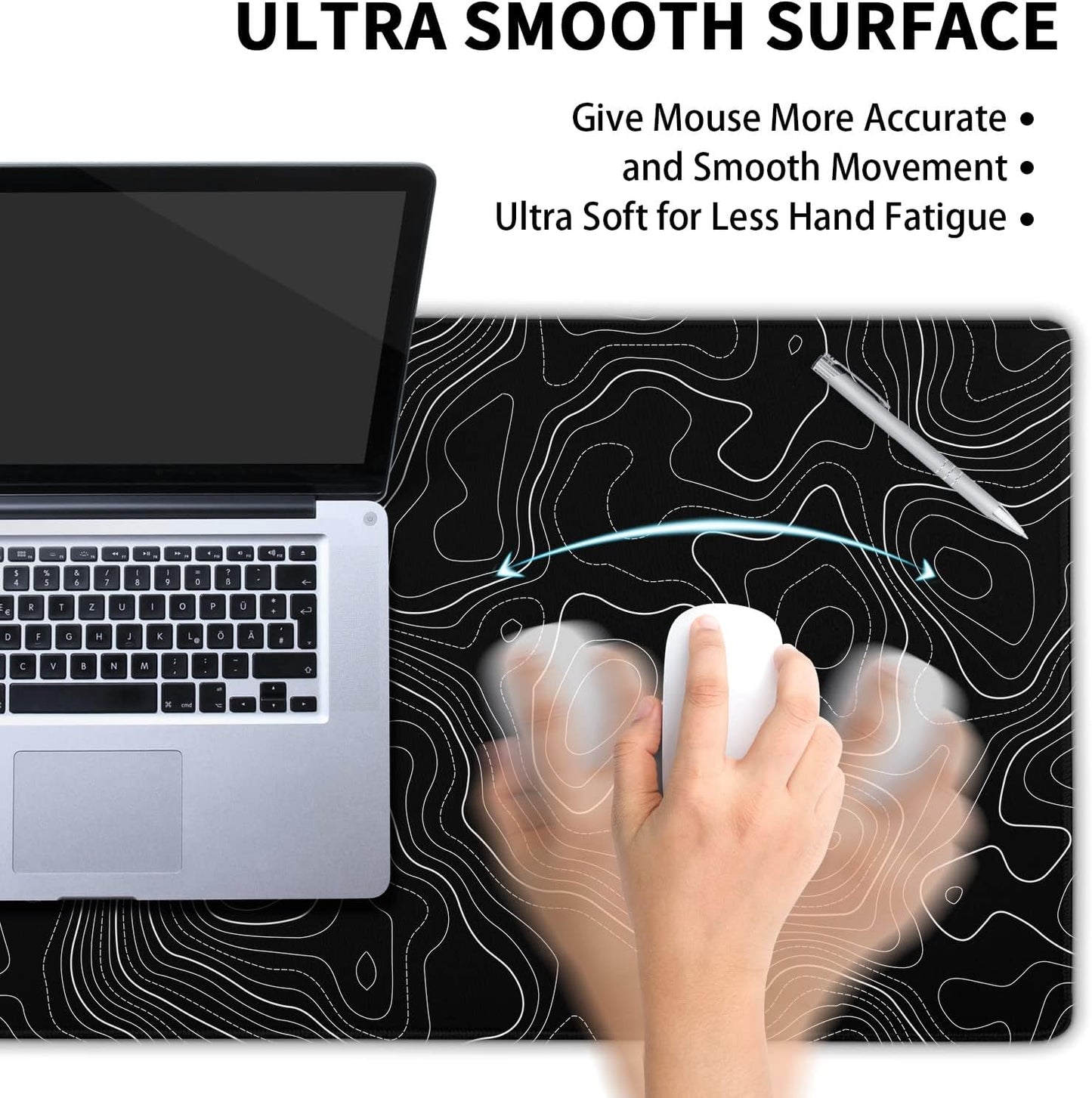 Topographic Contour Black Gaming Mouse Pad XXL Topo Geographic Map Lines Extended Large Mouse Pad Big Desk Mat Non-Slip Rubber Base Stitched Edge Long Mousepad for Desktop Office Desk,35.4 x 15.7 in