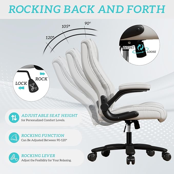 GYI O205P High Back Executive Office Chair, Big and Tall Office Chair 400LBS with Rubber Wheels,Ergonomic Adjustable Computer Desk Chairs with Padded Flip-up Armrests,Lumbar Support (White)