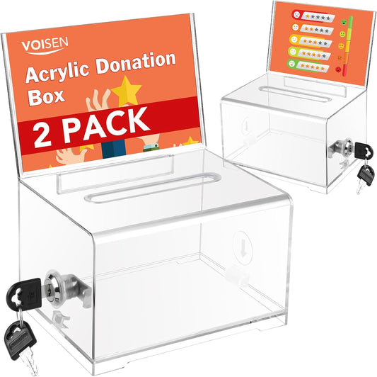 VOISEN Clear Donation Box with Lock,2 Pack Ballot Box with Sign Holder,Suggestion Box for Fundraising, Voting Box with Slot for School,Conference 6.2x4.6x3.9 Inch