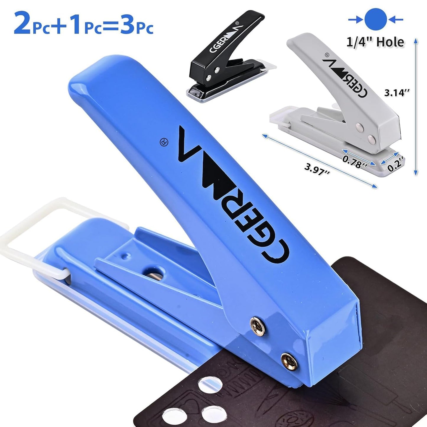 Single Hole Puncher, 3 Pack ，1/4" Hole, 50% Labor Savings, Heavy Duty Metal Punch, 15 Sheet Capacity, for ID Cards, Chipboard, Art Project, Crafts Easy Punching