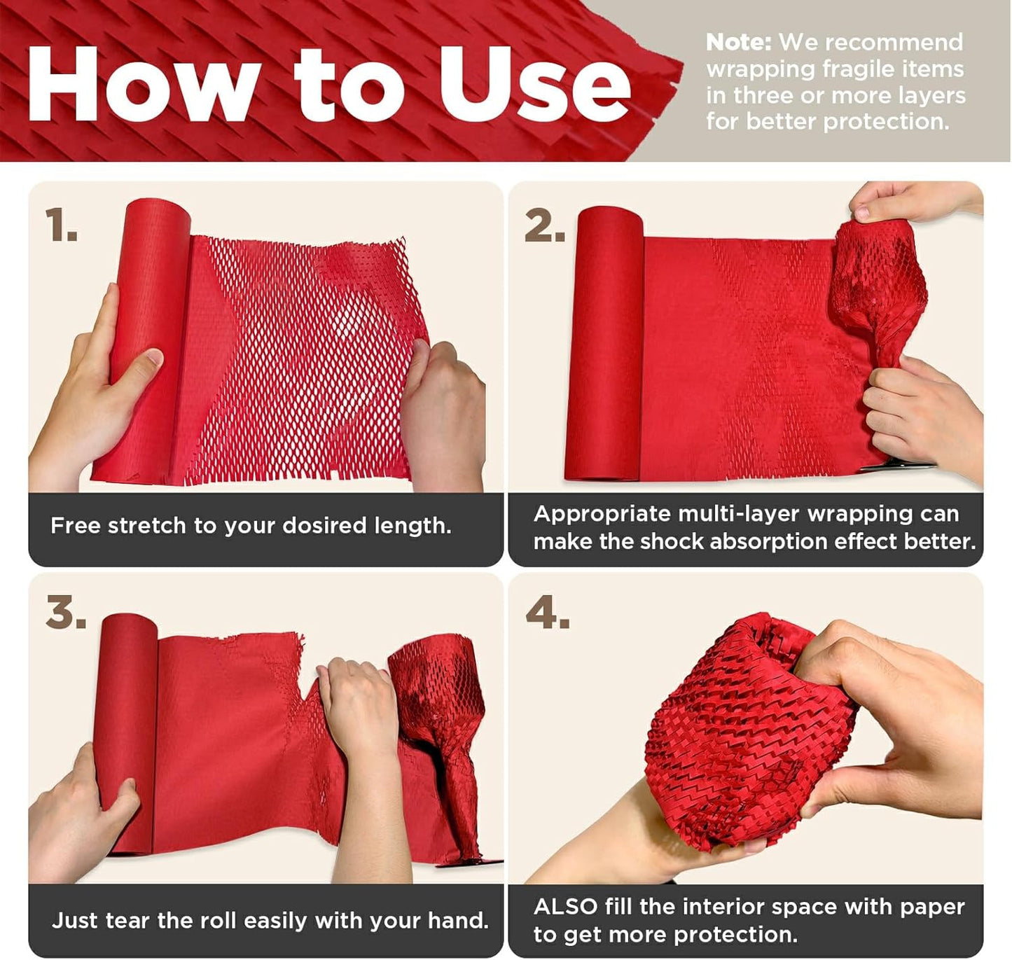 Honeycomb Packing Paper, 12"x50' Red | Perforated Honeycomb Packing Paper Recyclable Moving Supplies for Shipping & Moving | Plastic-Free Alternative to Bubble Cushion Wrap with 36 Fragile Stickers