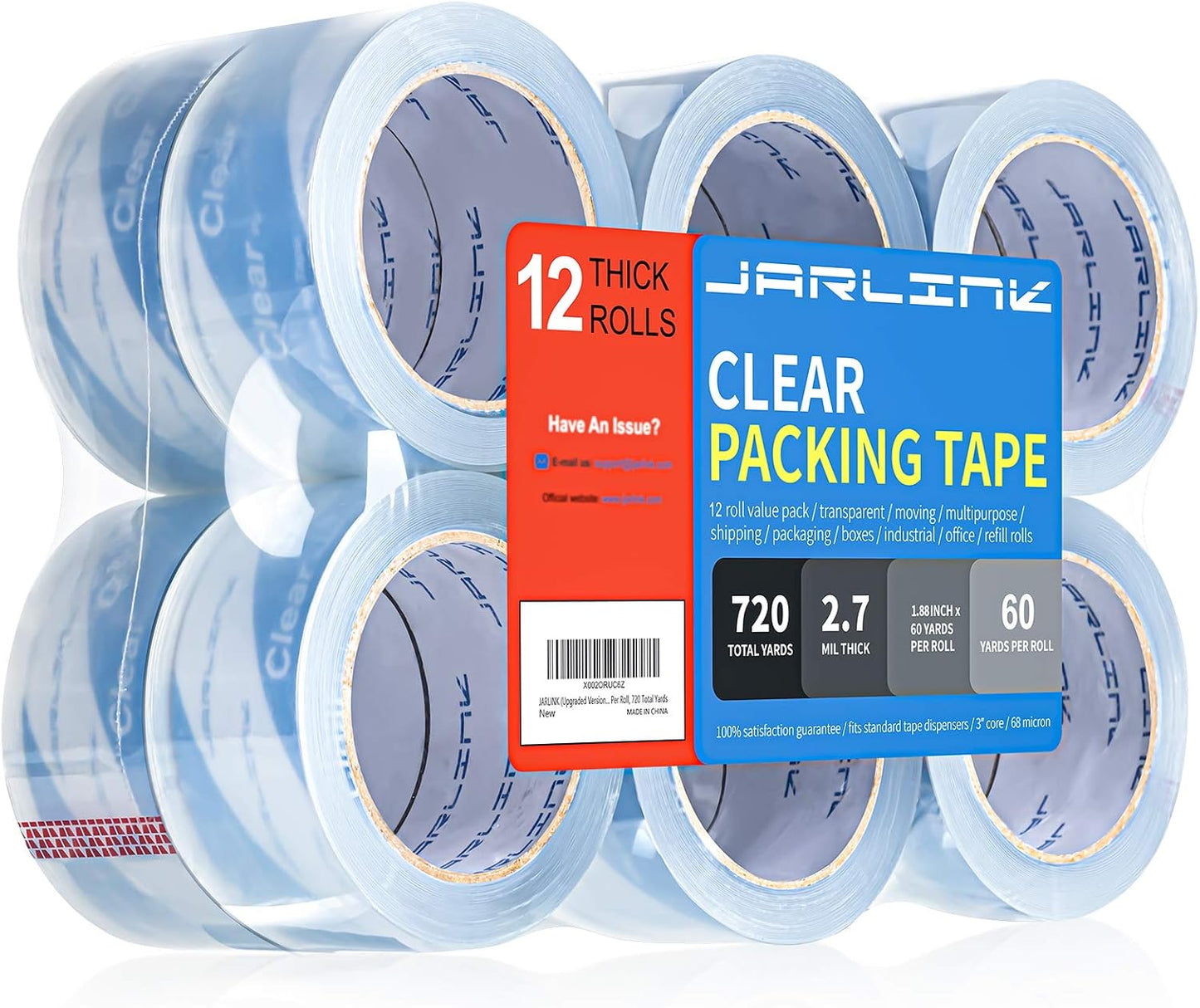 JARLINK Clearer Packing Tape 12 Rolls, Heavy Duty Packaging Tape for Shipping Packaging Moving Sealing, 2.7mil Thick, 1.88 inches Wide, 60 Yards Per Roll, 720 Total Yards