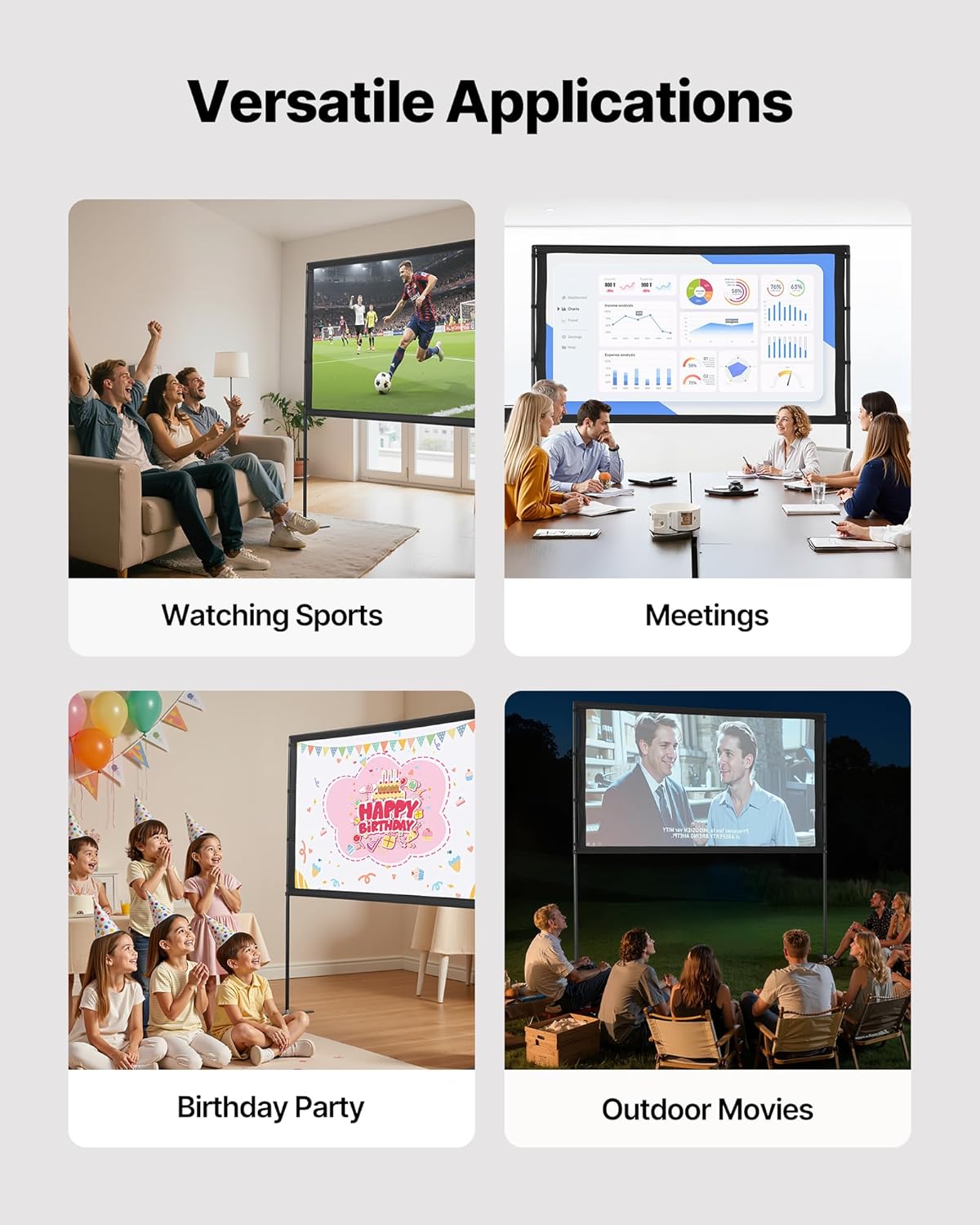 VEVOR Projector Screen with Stand, 80 Inch 160° Wide Angle Indoor Outdoor Projection Screen, 16:9 4K HD Wrinkleless Portable Dual-Stand Screens with Carry Bag, for Movie Home Theater Presentation