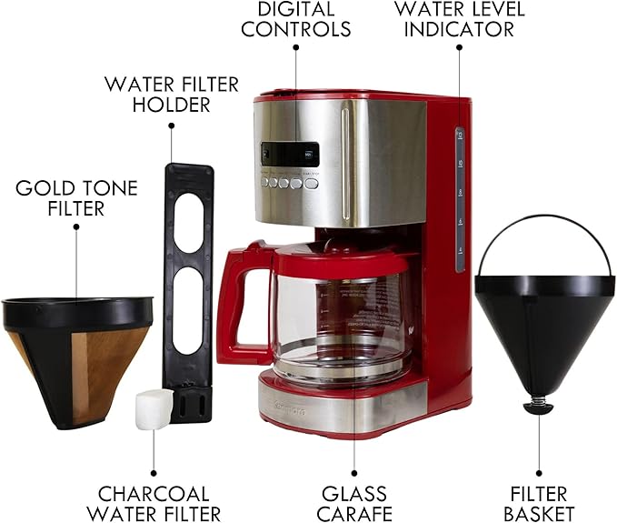 Kenmore Drip Coffee Maker - 12 Cup Programmable Cafe Machine With Glass Pot, Regular & Bold Brew, Auto Shut Off Large Water Reservoir, Reusable Filter, Kitchen Appliances For Cafeteria Barista, Red