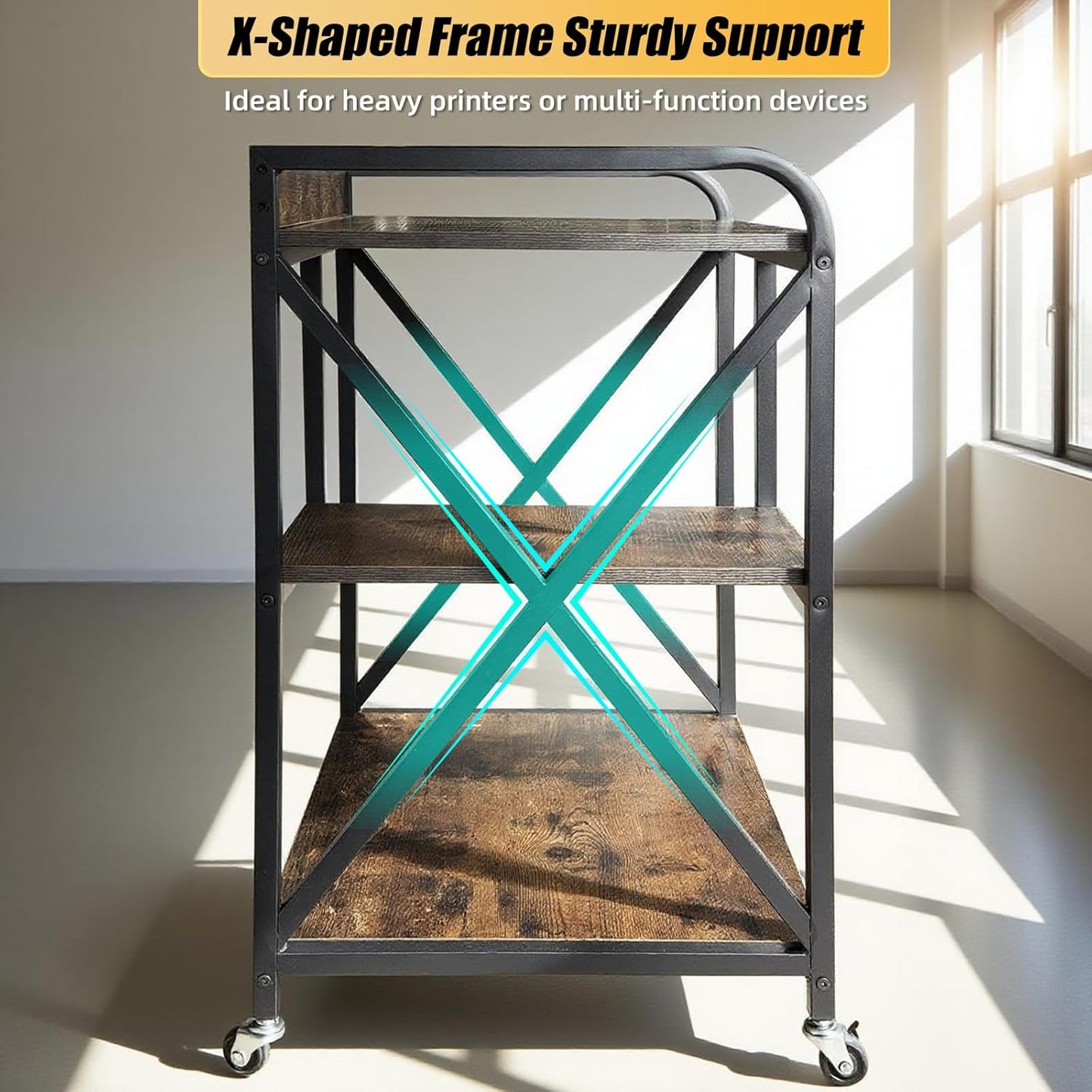 Large Printer Stand, X-shaped Printer Stand with Storage, 24"W x 17"D x 32"H, Mobile Printer Table with Wheels for Home Office, Rolling Cart for Computer Tower, Printer and Shredder, Bearing 300lbs