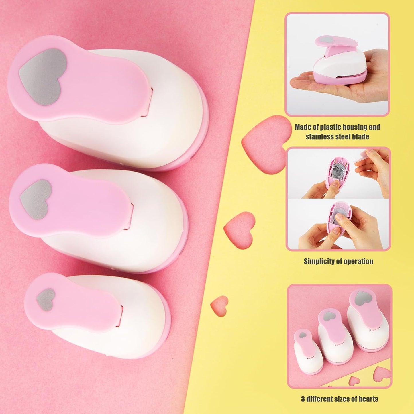 LOVEINUSA Pink Heart Shape Hole Punch 3PCS Set, High Precision Design for Romantic Heart Patterns for Wedding, Greeting Cards Decations, Scrapbooking DIY, Tissue Papers for Gift Bags & Decorations