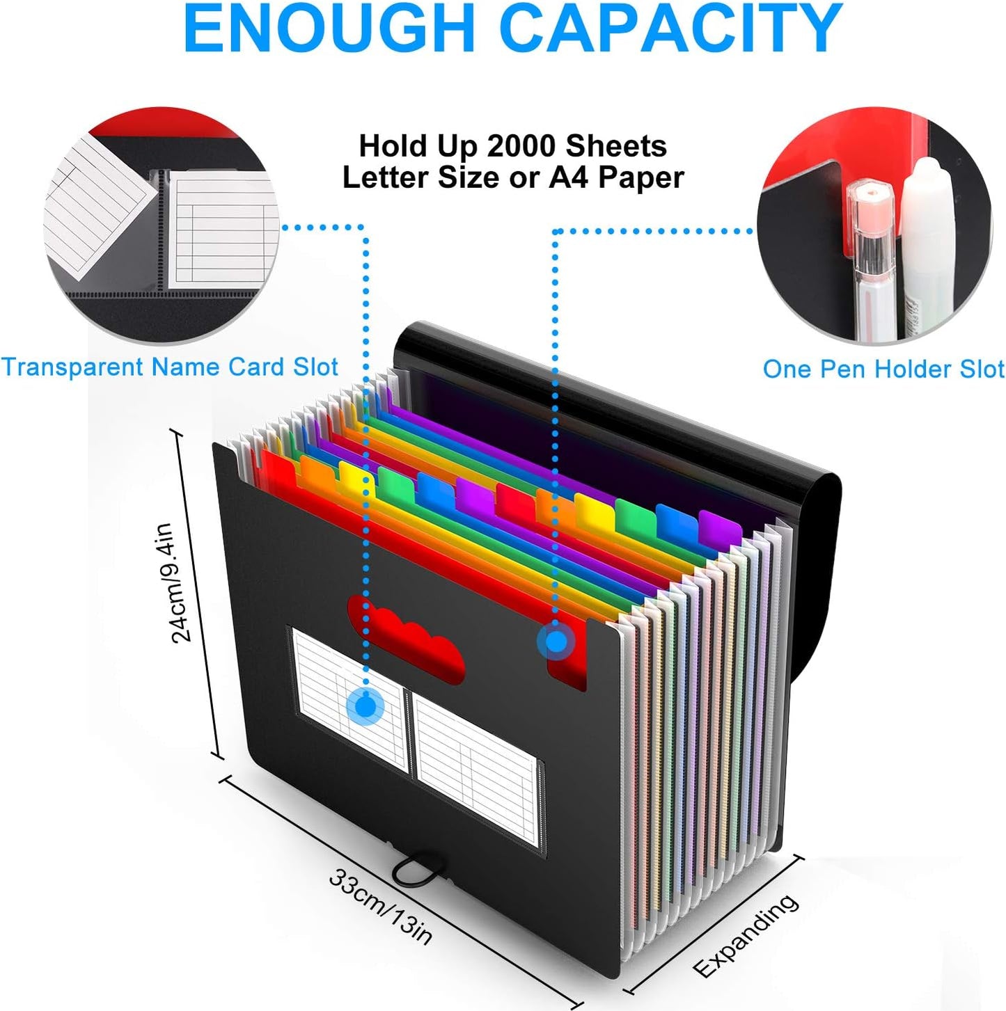 Accordion File Organizer, 12 Pockets Expanding File Folders, Portable Monthly Bill Receipt Documents Organizer with Colorful A-Z Tabs, Letter/A4 Size - Blue