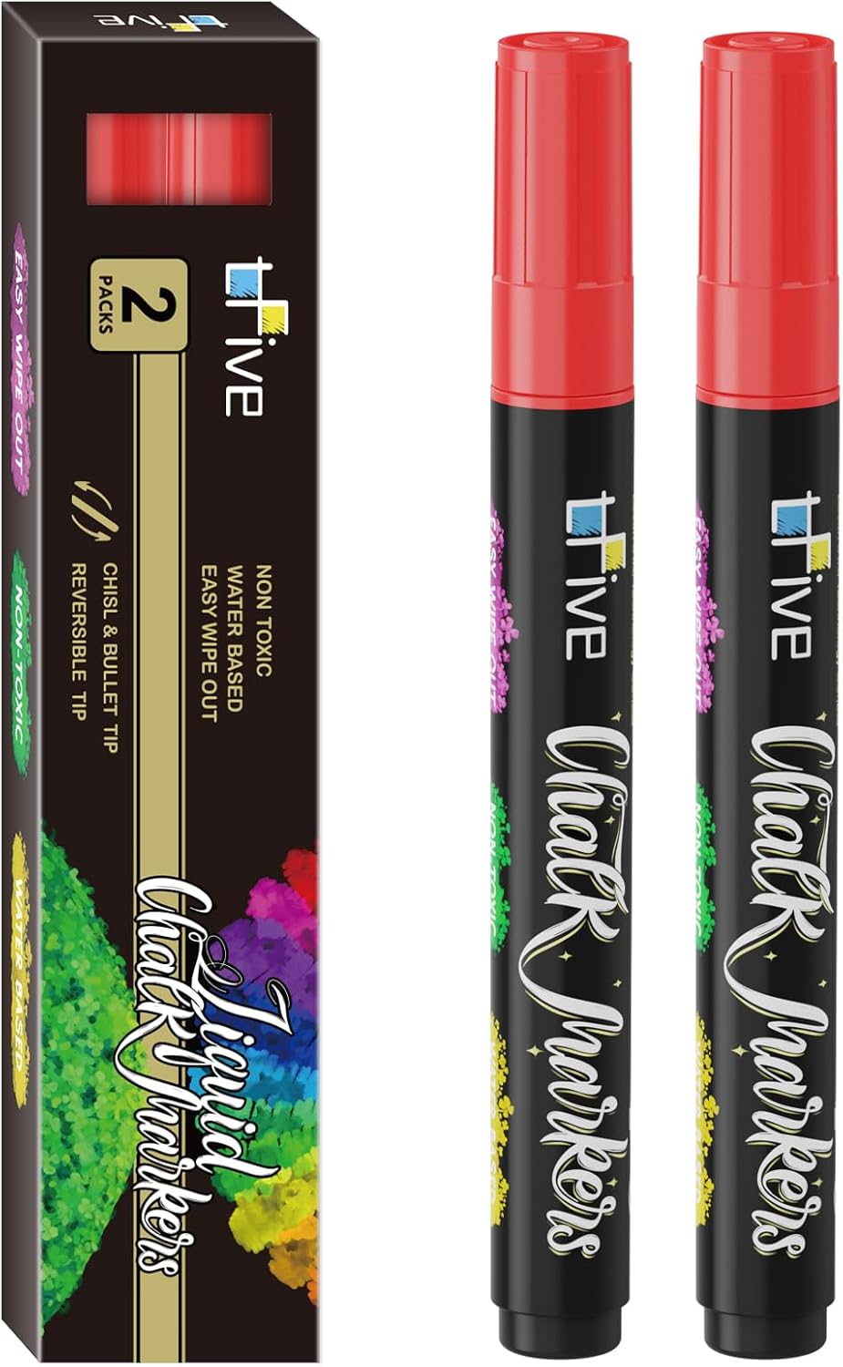 TFIVE Red Liquid Chalk Markers - 2 Pack Bright Colors Erasable Chalk Marker Pens, Reversible Tip, Non-Toxic, for Chalkboards, Signs, Glass, Easy to use Chalk markers TF800