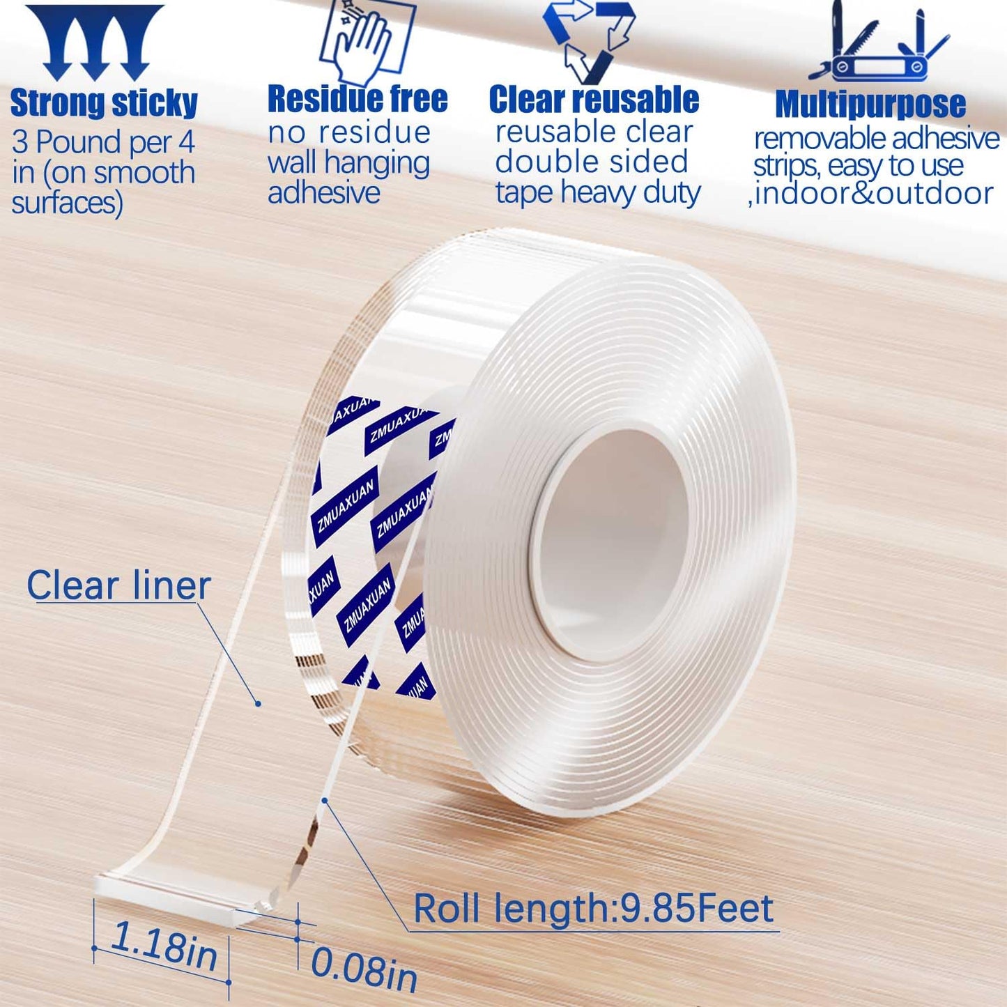 Strong Nano Double Sided Tape Heavy Duty Mounting,Clear Removable Wall Sticky Adhesive Strips,Reusable Thick Gel Grip for Hanging Picture,Poster,Carpet,Photo
