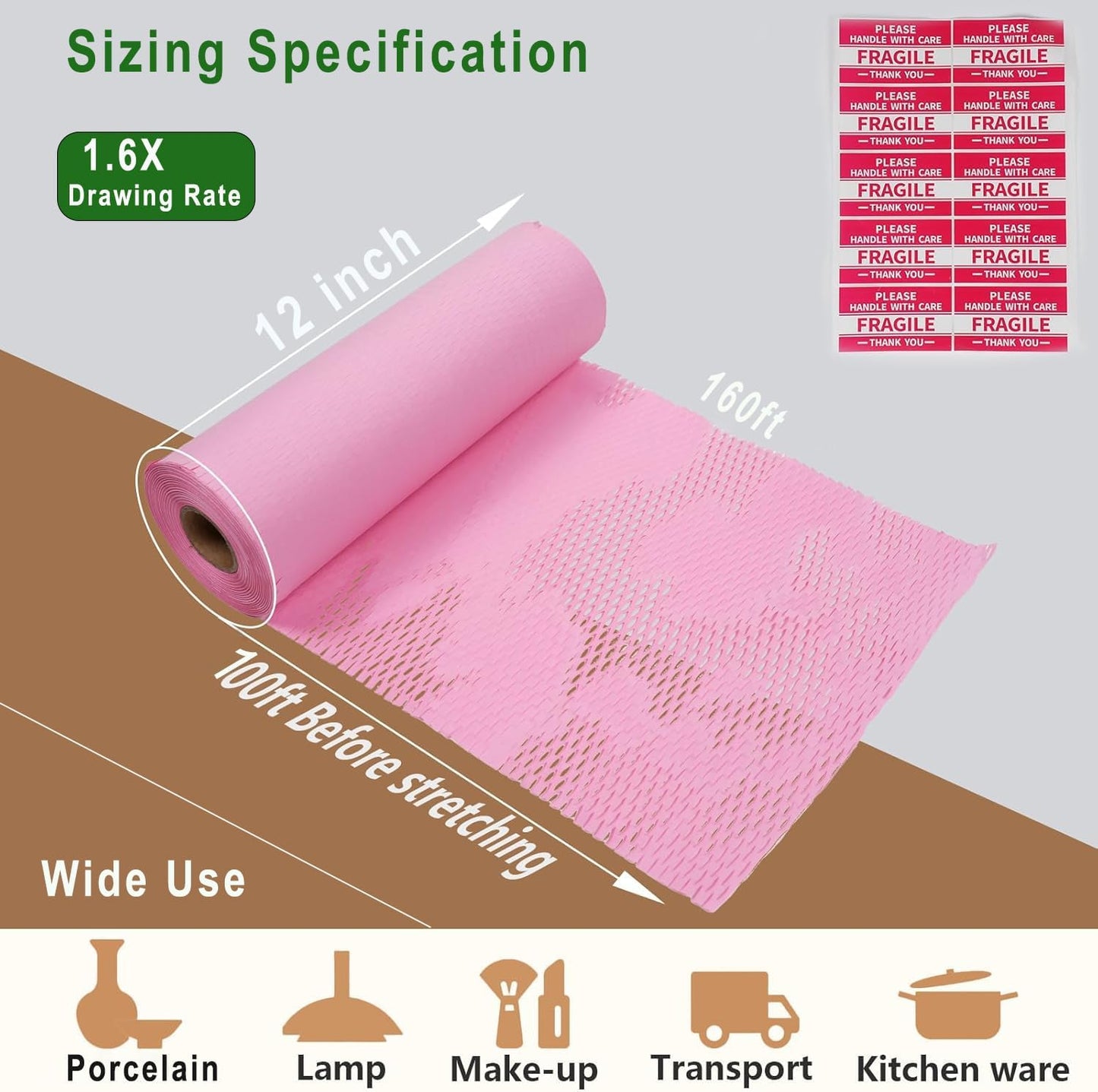 Honeycomb Packing Paper, 12" x 100' Packing Paper Substitute Alternative for Bubble Cushioning Wrap for Moving Shipping Packaging Mailing, Recyclable Moving Supplies Bubble Packing Wrap Roll-Pink