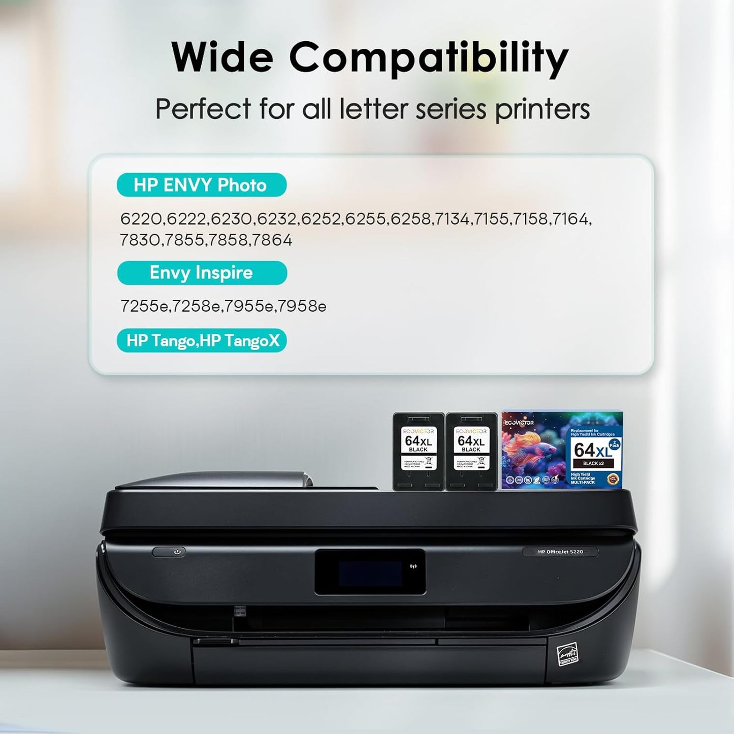 Remanufactured Ink Cartridge Replacement for HP Ink 64 Black HP64 XL HP64XL for Envy Photo 7858 7855 7120 7155 7100 7158 7164 6255 6252 6232 7800 Inspire 7200e 7900e 7955e Tango X Printer