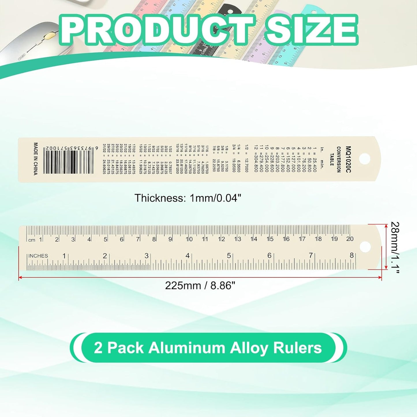 PATIKIL 20cm/8" Metal Ruler, 2 Pack Aluminum Alloy Rulers with Centimeters, Millimeters, Inches and Conversion Table Straight Edge Ruler for Writing Machinist Drafting, White