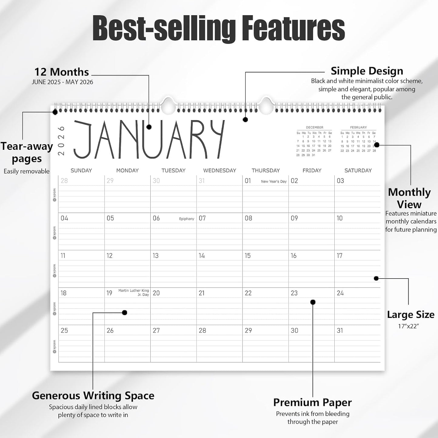 Guasslee Large Wall Calendar 2025-2026, 12 Monthly Calendar from 2025 June-May 2026 Jumbo 22"x17" Hanging Desk/Wall Planner with Spiral Bound for School Home Office Organizing