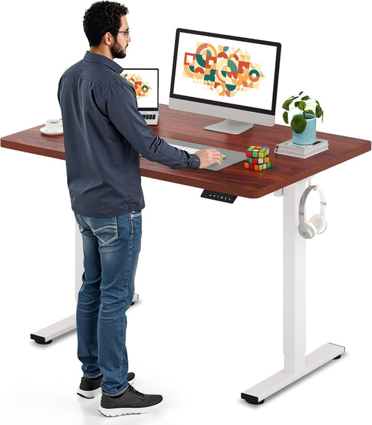 SANODESK Electric Standing Desk 48 x 30 Inches Whole-Piece Desktop Height Adjustable Stand Up Desk w/6-Button Controller Ergonomic Computer Desk for Home Office, White Frame + Mahogany Tabletop