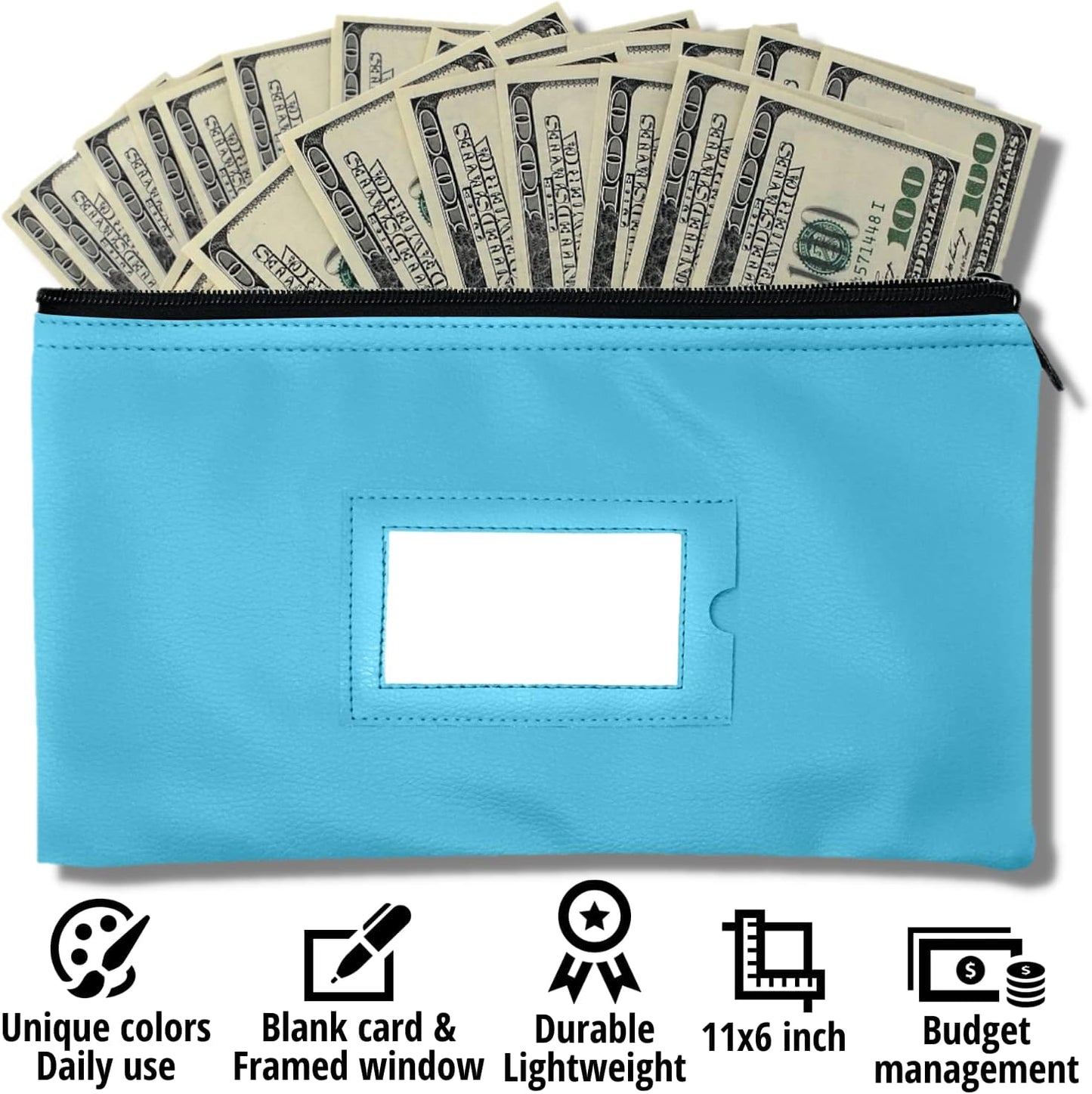 Money Bank Deposit Bag with Zipper | 11x6 inch | Light Blue | Durable Leatherette Money Cash Coin Check Wallet Pouch for Men & Women with Framed ID Window and Blank Card | by GIDABRAND (3)