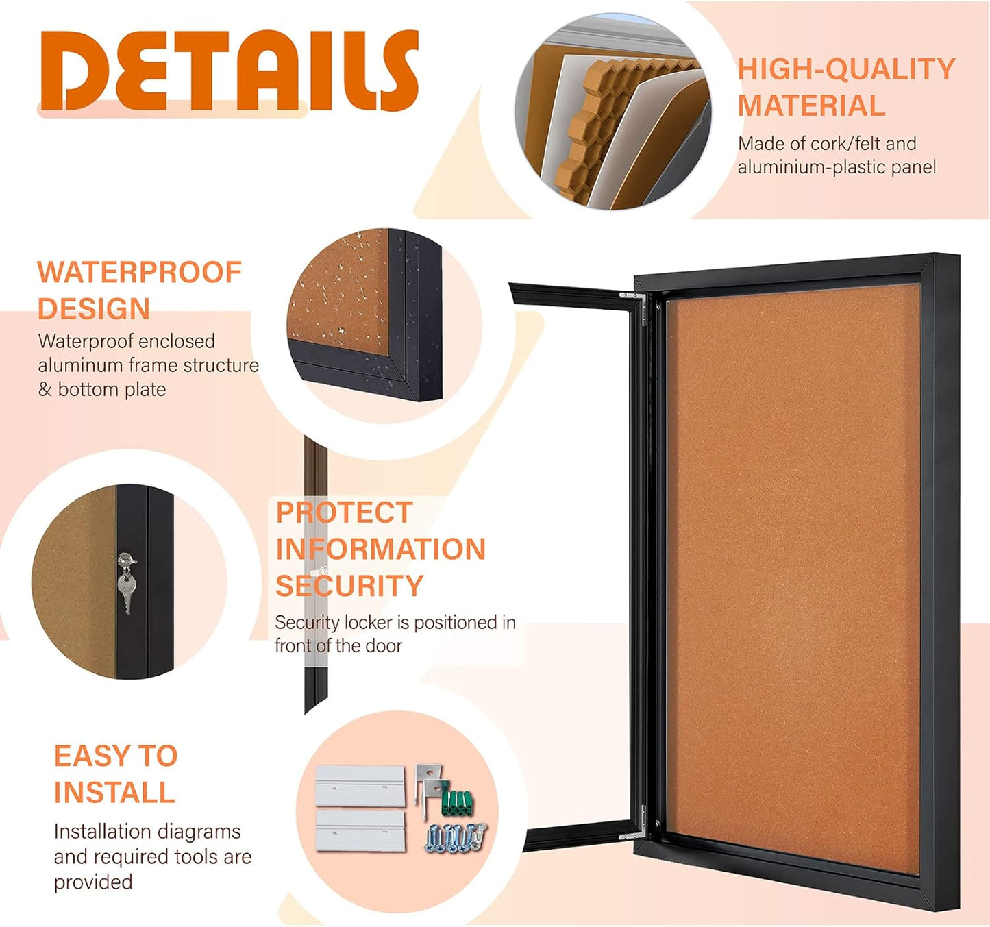 Enclosed Bulletin Board Outdoor Noticeboard with Locking Door, Weather-Resistant, Cork, Black Aluminum Frame, 36 x 24 in