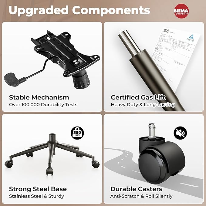 ovios Ergonomic Home Office Chair, Mid-Century Modern Faux Leather Chairs with Padded Armrests, Comfy High Back Swivel Rolling Executive Computer Armchair (Beige, Suede Leather)