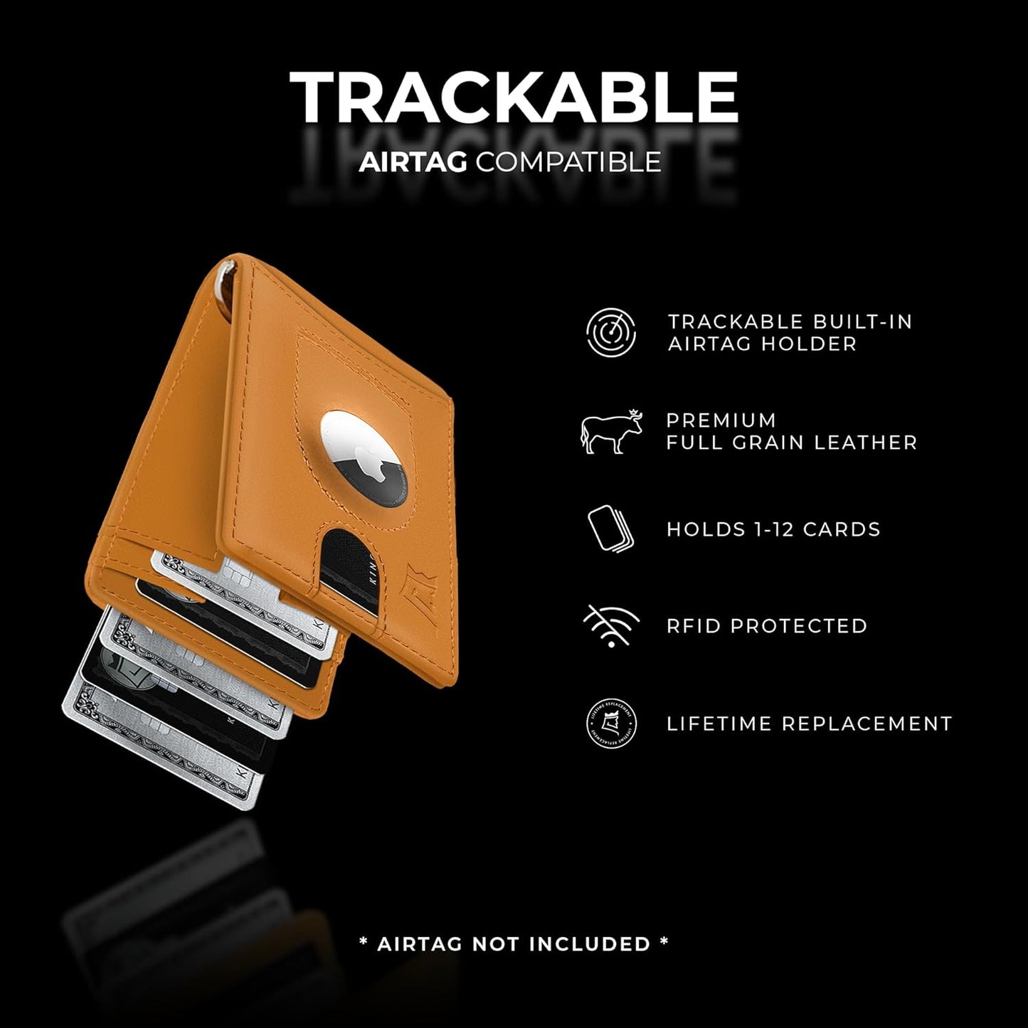 Kings Loot Trackable Airtag Wallet for Men | RFID Blocking Leather Design with Airtag Holder, Money Clip & Pull Tab | Minimalist Air Tag Wallets