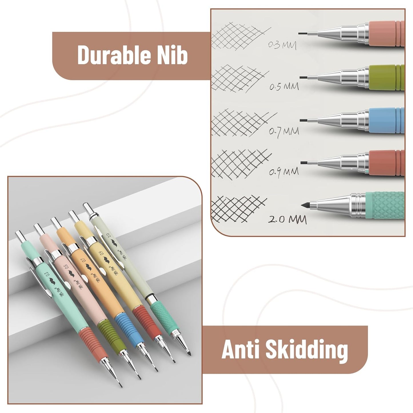 Mr. Pen- Mechanical Pencil Set, 5 Sizes, 0.3, 0.5, 0.7, 0.9, 2mm, Anti Skidding Grip Cute Mechanical Pencils, Sketching Pencils, Aesthetic Mechanical Pencils, Pastel Mechanical Pencils
