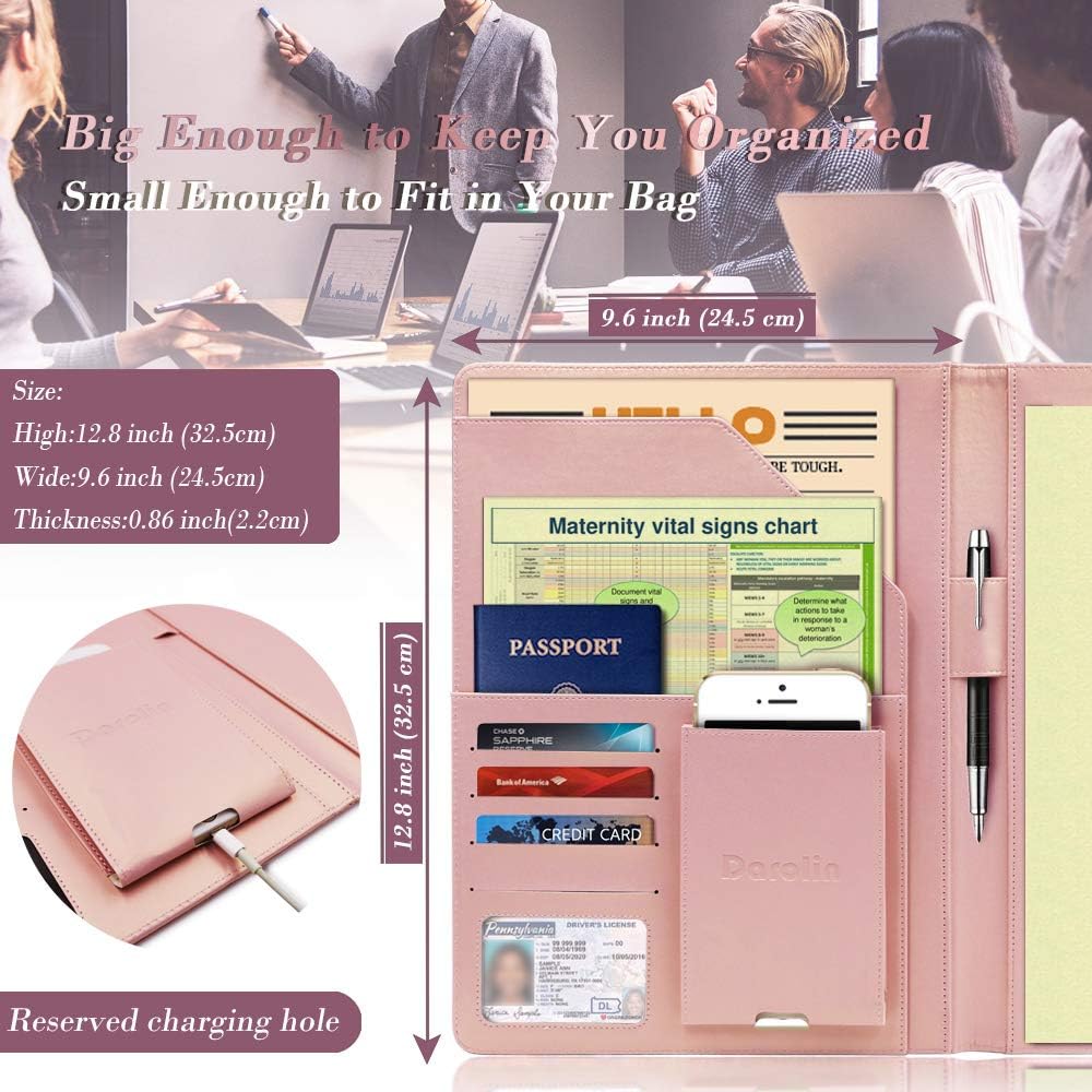 Darolin Business/Resume Padfolio Portfolio Folder with Letter/A4 Size Clipboard, Interview/Conference/Legal Document Organizer, Premium Portfolio Professional Case, Padfolio for Women/Men-Rosegold