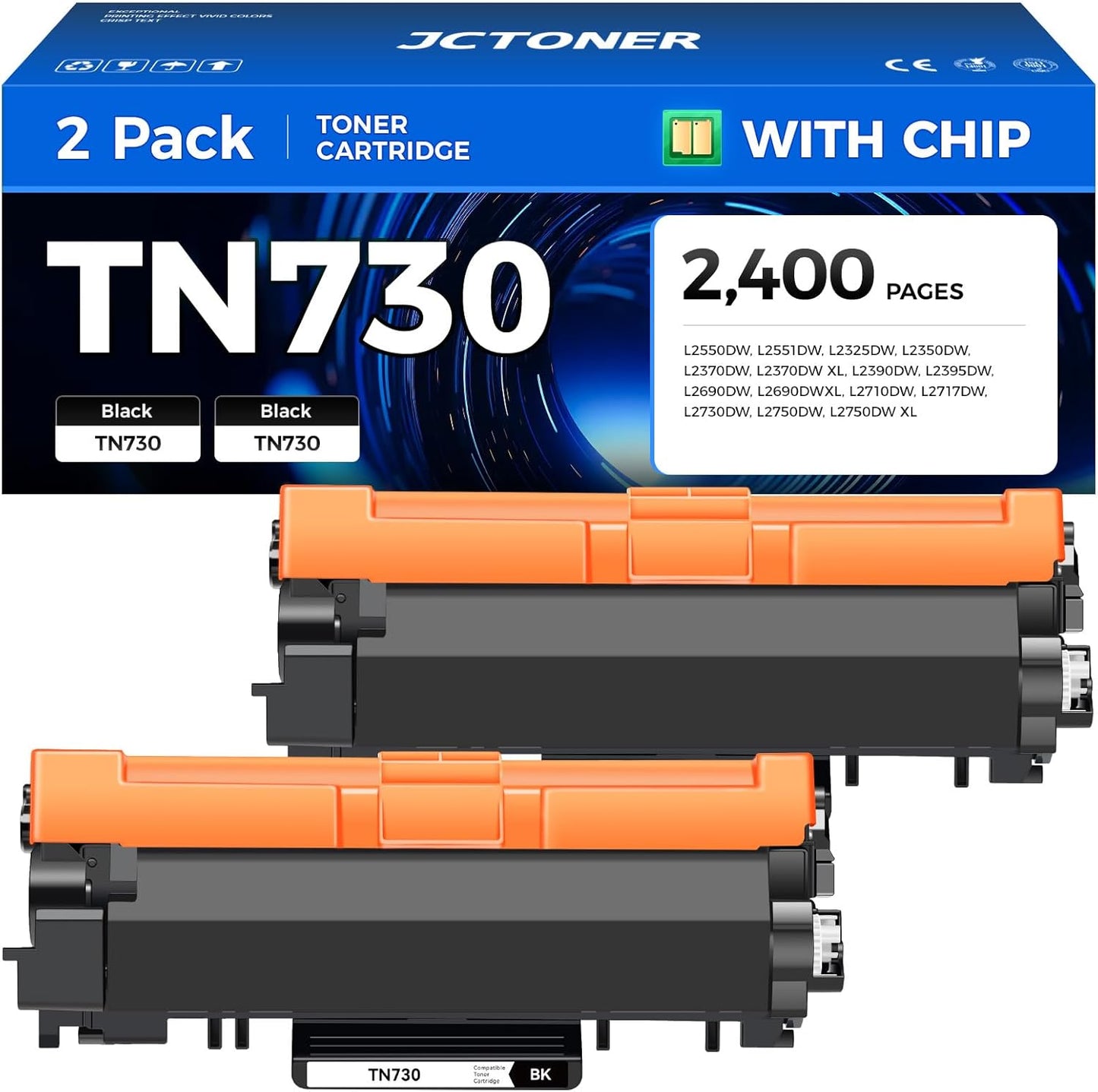 TN730 Black Toner Cartridge 2-Pack Compatible Replacement for Brother TN-730 TN760 TN-760 MFC-L2710DW MFC-L2750DW DCP-L2550DW HL-L2350DW HL-L2395DW HL-L2370DW HL-L2390DW MFC-L2690DW HL-L2325DW Printer