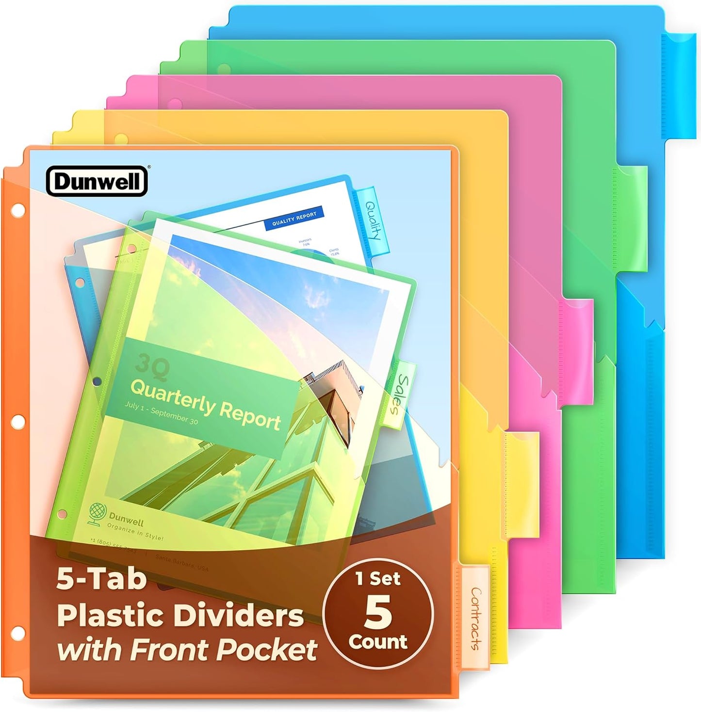 Dunwell Plastic Binder Dividers with Front Pocket (5 Tab), Clear Slash Single Pocket Divider with Tabs, 3 Ring Binder Pockets with Index Tab, Acid-Free, Notebook Dividers Include Label Inserts