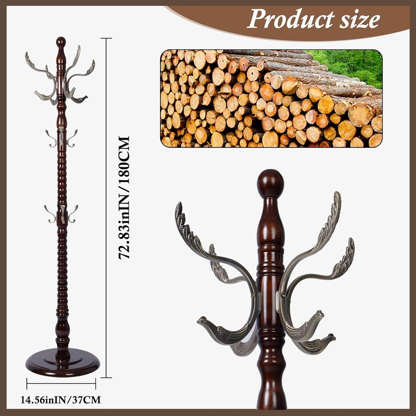 Wooden Coat Rack Freestanding, Vintage Coat Racks with Sturdy Round Base, Adjustable Height 37.40"-72.83" Entrance Coat Rack for Bedroom Living Room Entryway (Nostalgic)