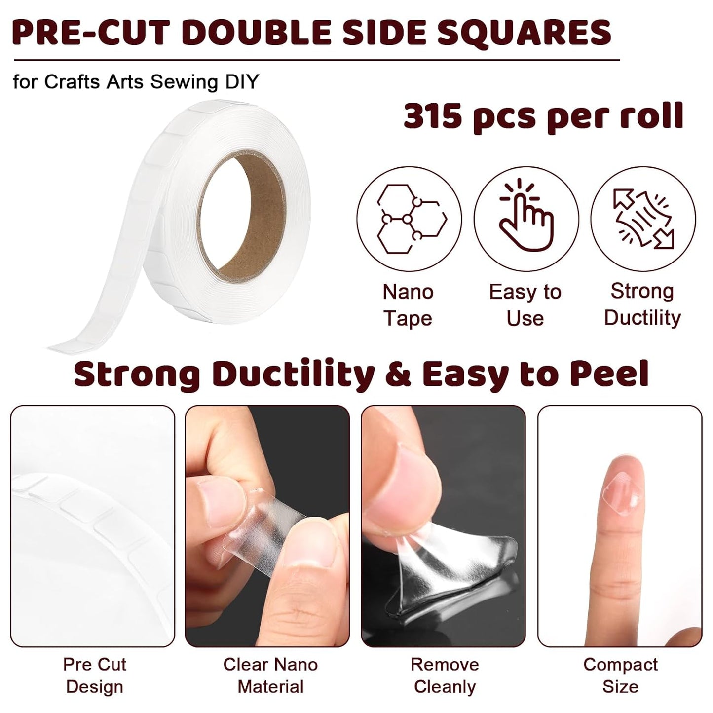 315 PCS Nano Tape Double Sided Squares 0.5" Nano Tape Precut Adhesive Glue Points Double Sided Mounting Putty Picture Hanging Adhesive Dots for Balloon Poster Walls Hanging Removable(Tape)