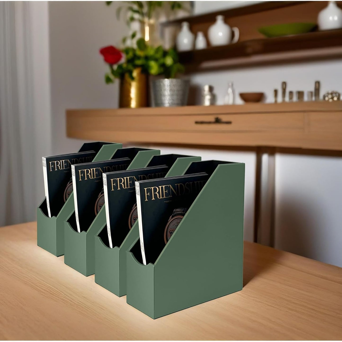 UnionBasic Magazine File Holder, Leatherette Desktop Document Organizer, Home Office Paper Holder File Storage Literature Sorter, Malachite Green, Set of 4