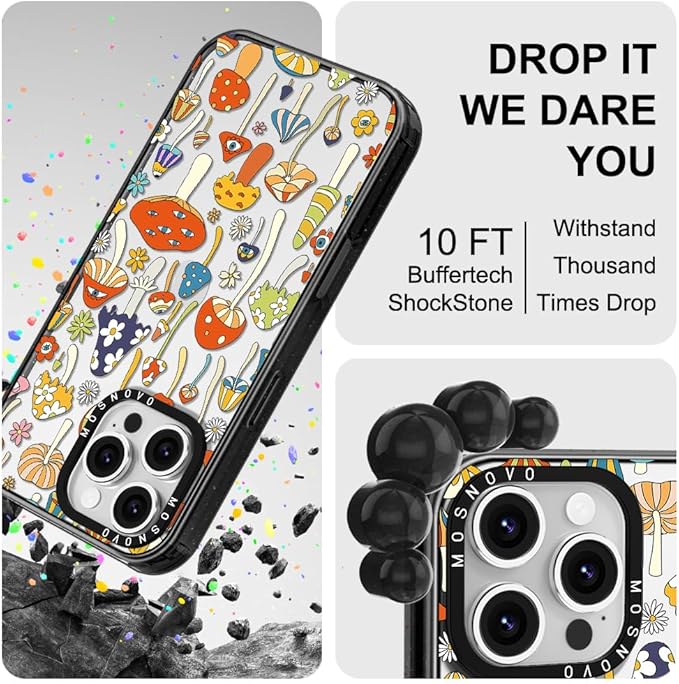 MOSNOVO Case for iPhone 16 Pro Max, [10ft 4X Military-Grade Drop Protection] Durable & Shockproof Phone Case Cover Design for iPhone 16 Pro Max - Mushroom Art - Clear Black