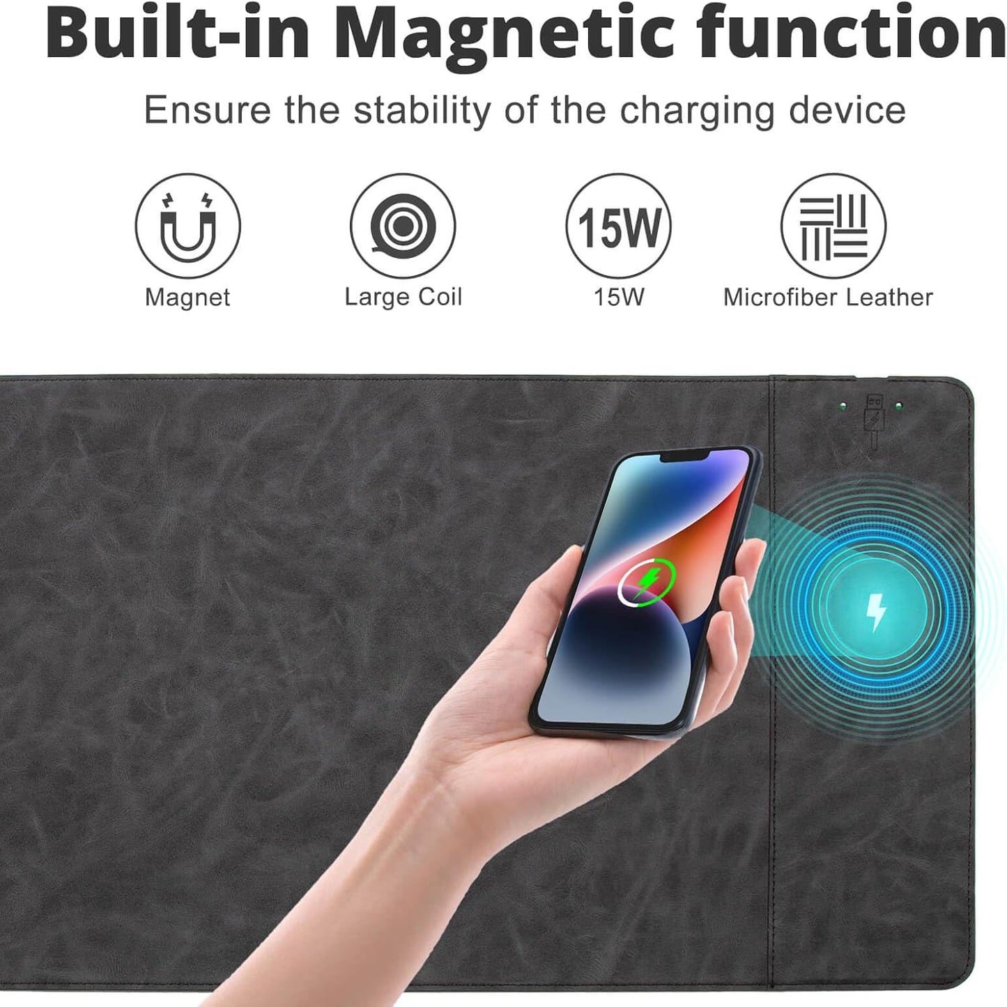 Magnetic Wireless Charging Desk Mat, 31"x11.7" Large Mouse Pad with Ultra-Smooth Surface, Microfiber Leather Office Mouse Mat, Waterproof Extended Computer Keyboard Desk Mat for Office & Home, Laptop