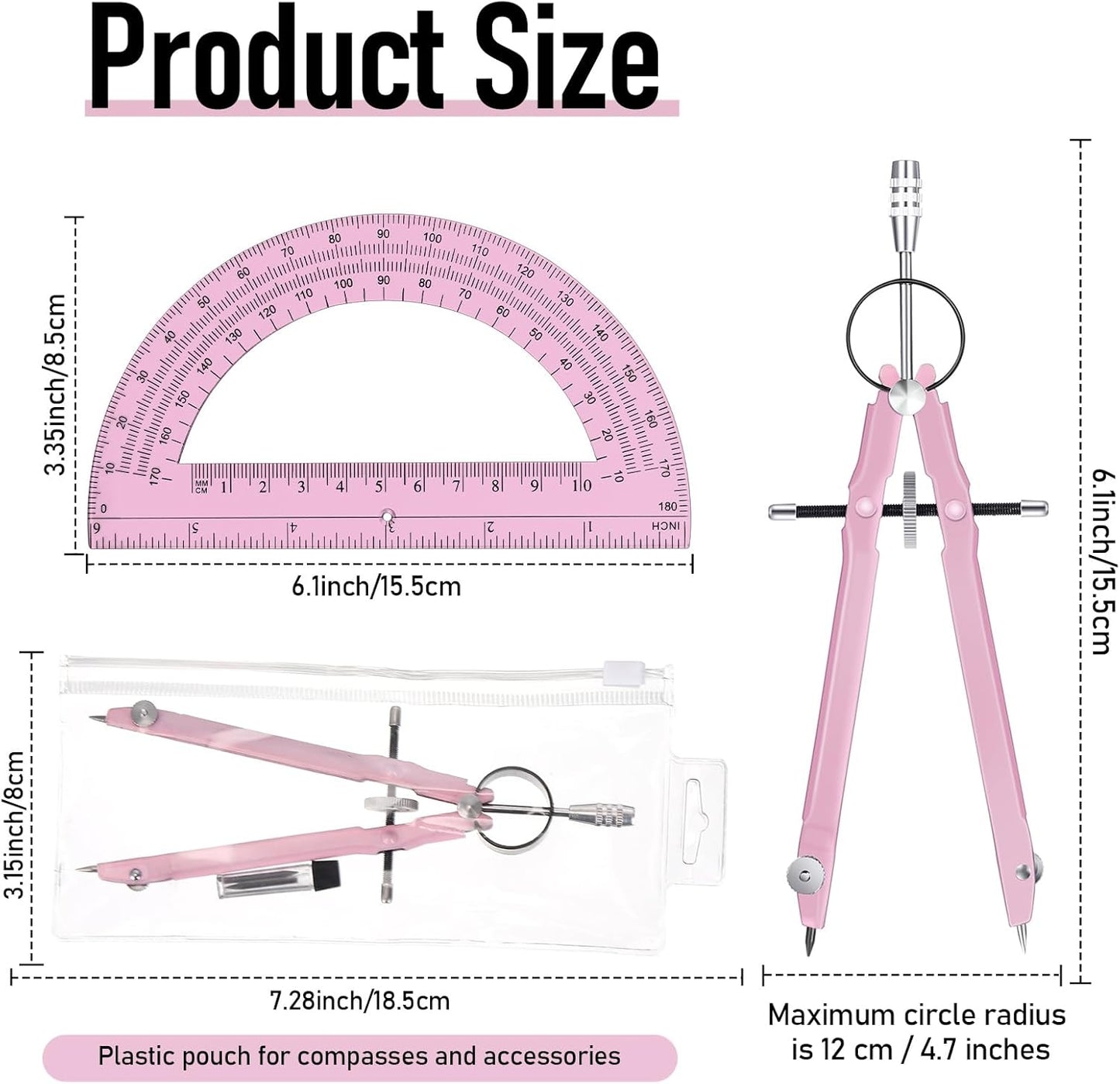 EBOOT Student Geometry Math Set, Drawing Compass and 6 Inch Clear Swing Arm Protractors 180 Degree Math Protractor(Pink and Pink)