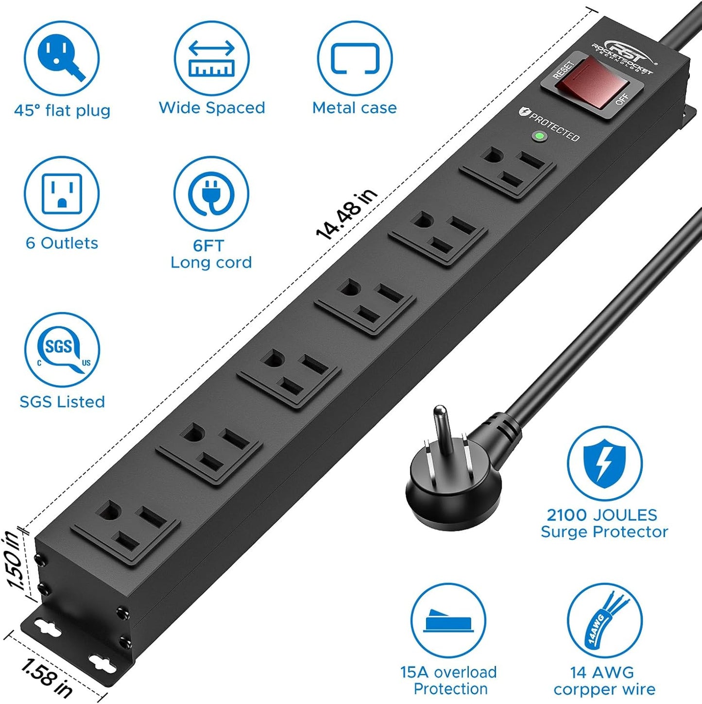 CRST 2Pack 6 Outlet Heavy Duty Power Strip with Switch, 15A/1875W Metal Mountable Power Strip Surge Protector 2100Joules, Wide Spaced Power Bar for Garage Worshop Home School, 6 FT Cord(Black)