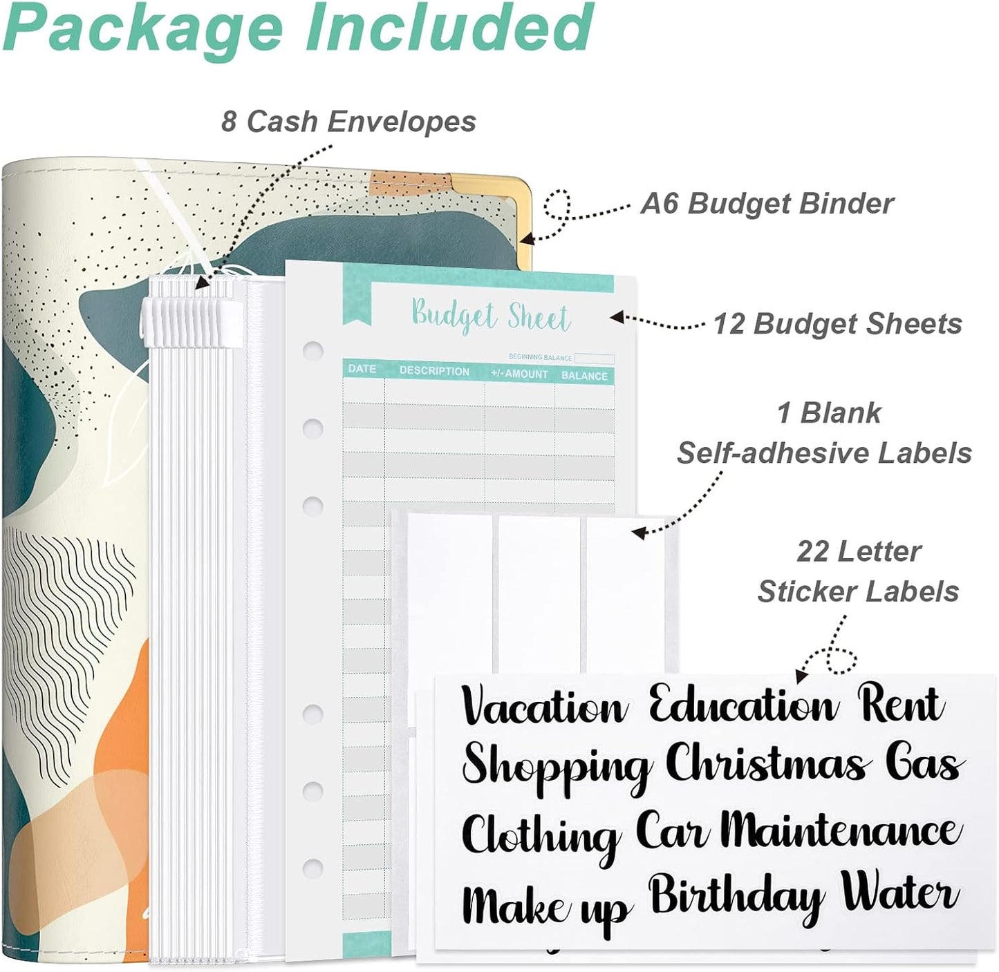 Rnivvi Budget Binder with Zipper Envelopes, A6 Money Saving Binder Cash Envelopes for Budgeting, PU Leather Planner Money Organizer for Cash Bills, Cute Boho System Wallet for Women, Abstract Leaves