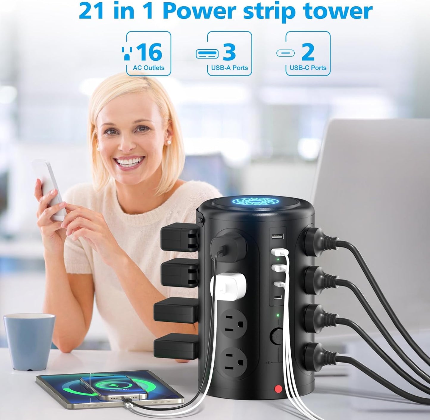 Power Strip Tower Surge Protector with 16 Outlets and 5 USB Ports (2 USB-C), 15FT Extension Cord with Multiple Outlets,Heavy Duty Charging Station,Home Office Dorm Room Essentials.