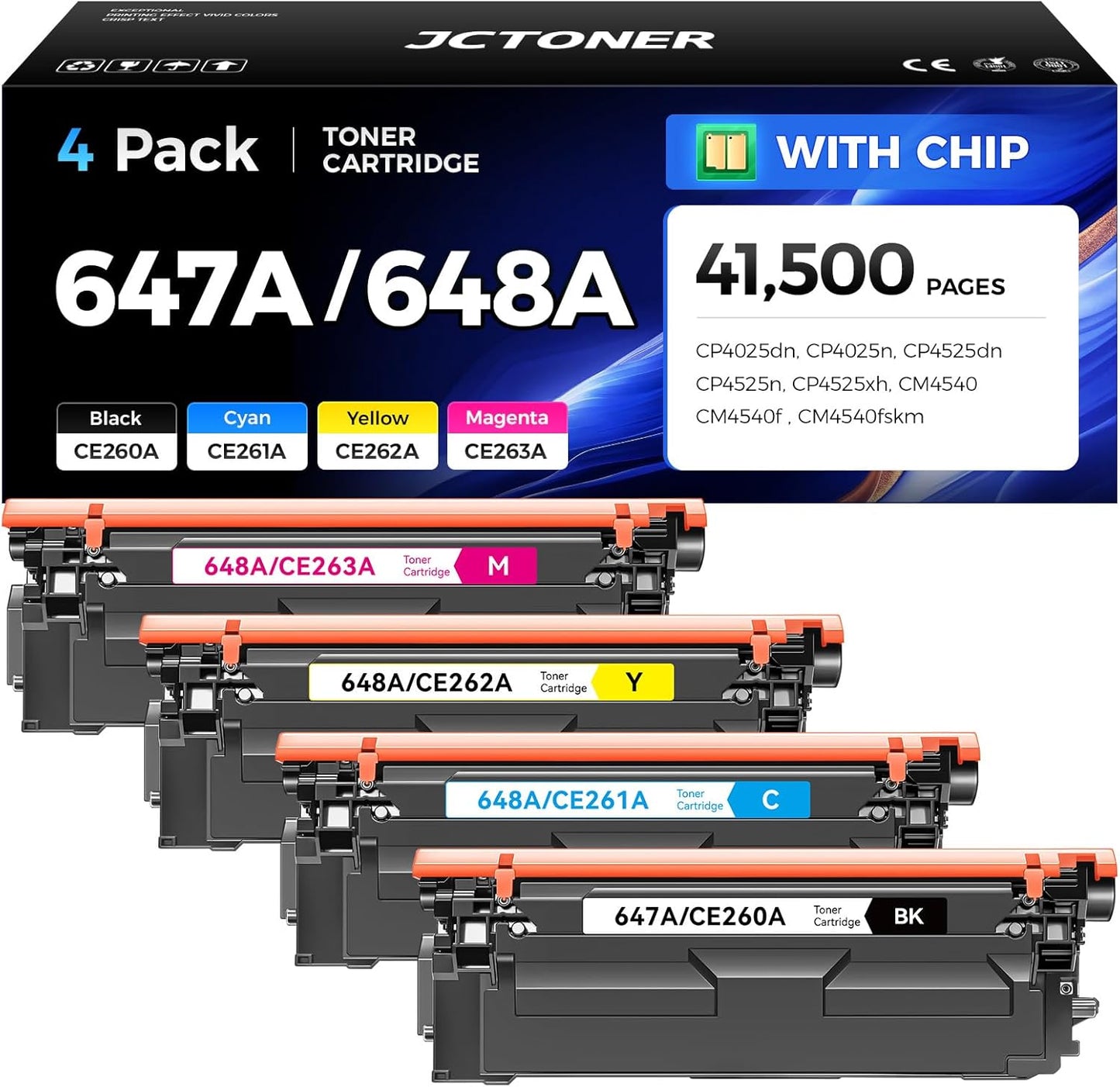 647A 648A Toner Cartridge 4-Pack Replacement for HP 647A 648A CE260A CE261A CE262A CE263A for Color LaserJet Enterprise CP4025dn CP4025n CP4525dn CP4525n CP4525xh CM4540 MFP CM4540f CM4540fskm Printer