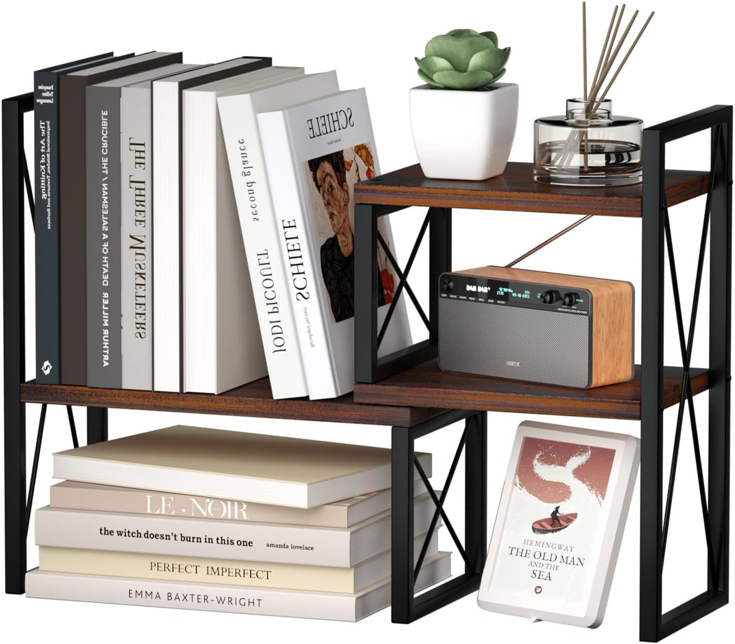 Desktop Shelf Organizer,Small Bookshelf for Office,Wood Desk Top Shelves, Office Organization and Storage (Brown)