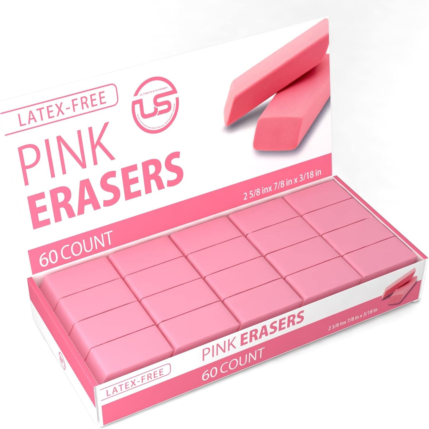 Pink Erasers, 60 Count Rectangular Eraser Bulk Pack, Latex Free Pink Pearl Erasers for School Supplies, Art and Office
