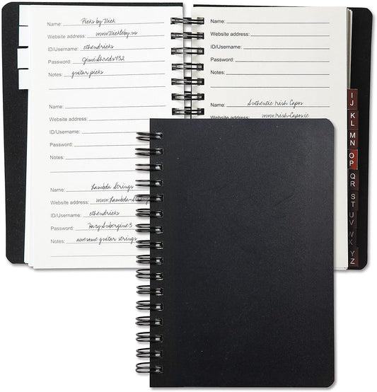Current Black Password & PIN Keeper Book, 65 Pages, 4.5” x 5 ¾” Size Spiral Bound, Alphabetical Tabs, Plastic Cover Internet Organizer for Offline Website, Login, & Username Storage
