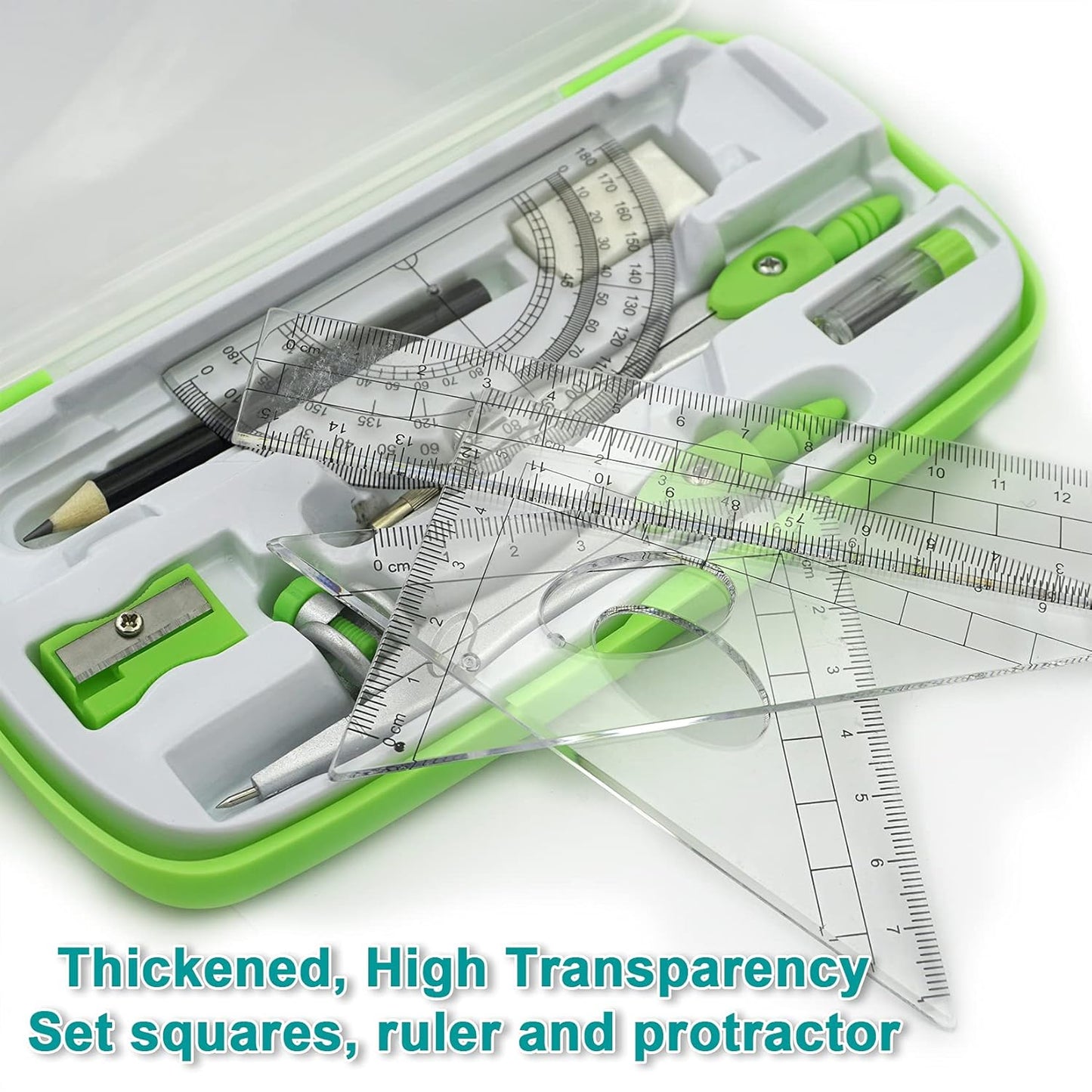 Geometry Compass Kit Starter Maths Set with 2 Drafting Compasses Protractor Set Squares Ruler and More for Students Maths Study, Green