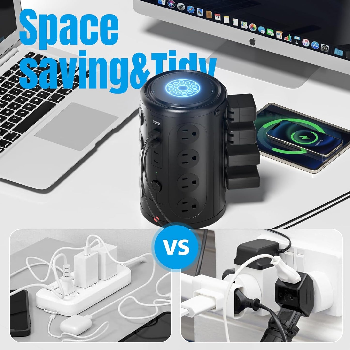 Power Strip Surge Protector Tower with 16 Outlets and 5 USB Ports (2 USB-C), 10ft Extension Cord, 45° Flat Plug, Charging Station for Home, Office, Dorm Room Essentials (Black)