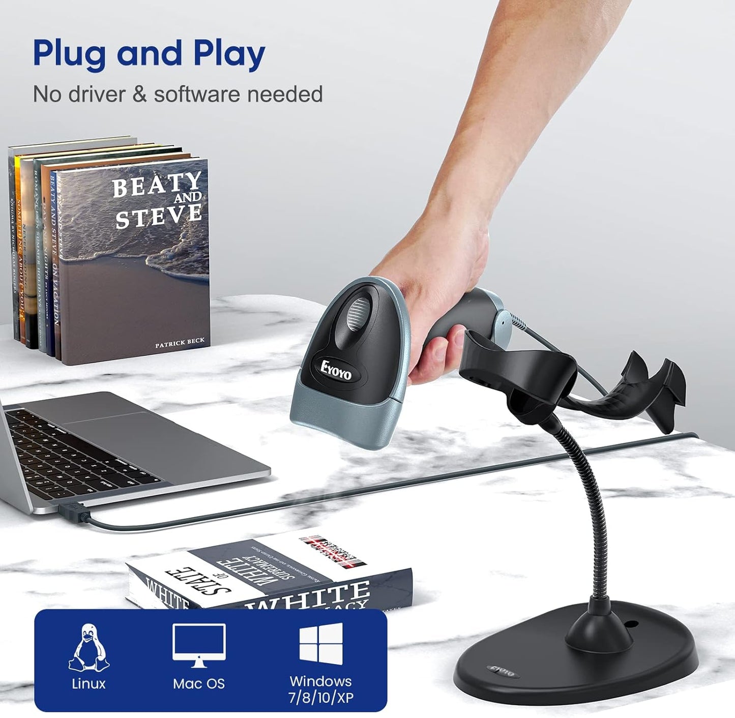 Eyoyo Handheld 2D Barcode Scanner with Gooseneck Stand, Automatic USB Wired QR Code Scanner Bar Code Reader Support Screen Scanning for PC POS System Library Store Supermarket Check-Out, Inventory