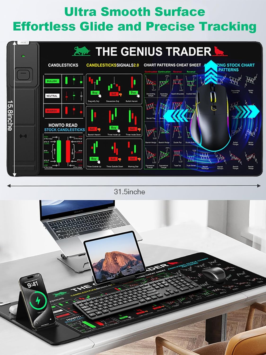 Miroddi Mouse Pad for Stock Enthusiast, Wireless Charging Desk Pad with Phone Holder, Large Desk Mat with Adjustable Stand & Dual Qi Chargers, Non-Slip Mousepad with Financial Trading Guides Printed